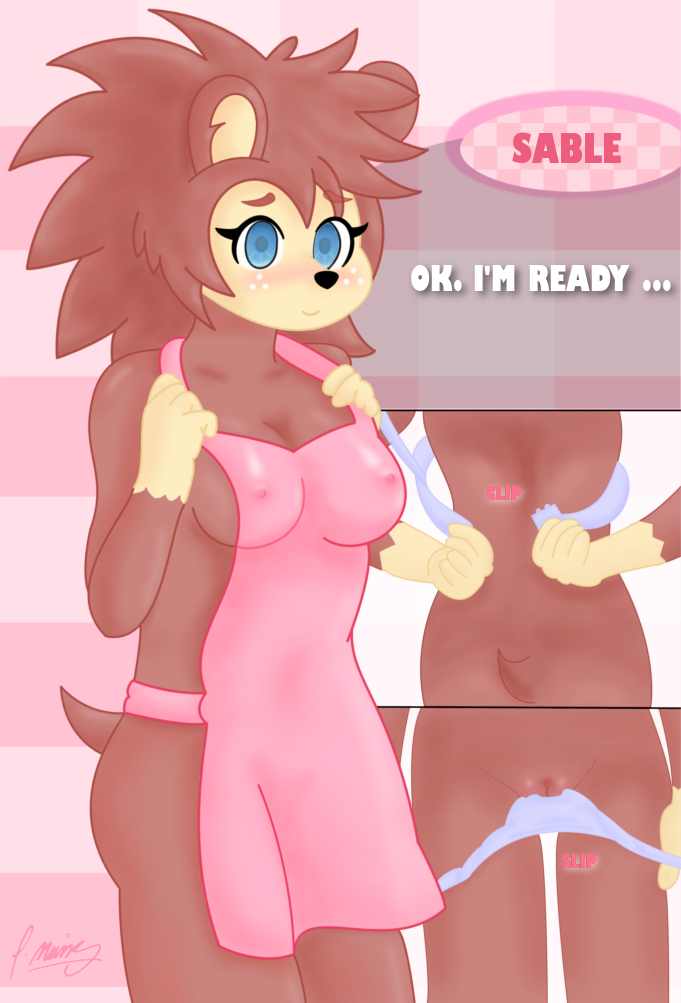 alternate_breast_size animal_crossing anthro apron blue_eyes breasts clothing english_text eulipotyphlan female female_only freckles furry hedgehog mammal naked_apron nintendo nipple_outline panty_pull pgm-m pussy sable_able solo text video_games