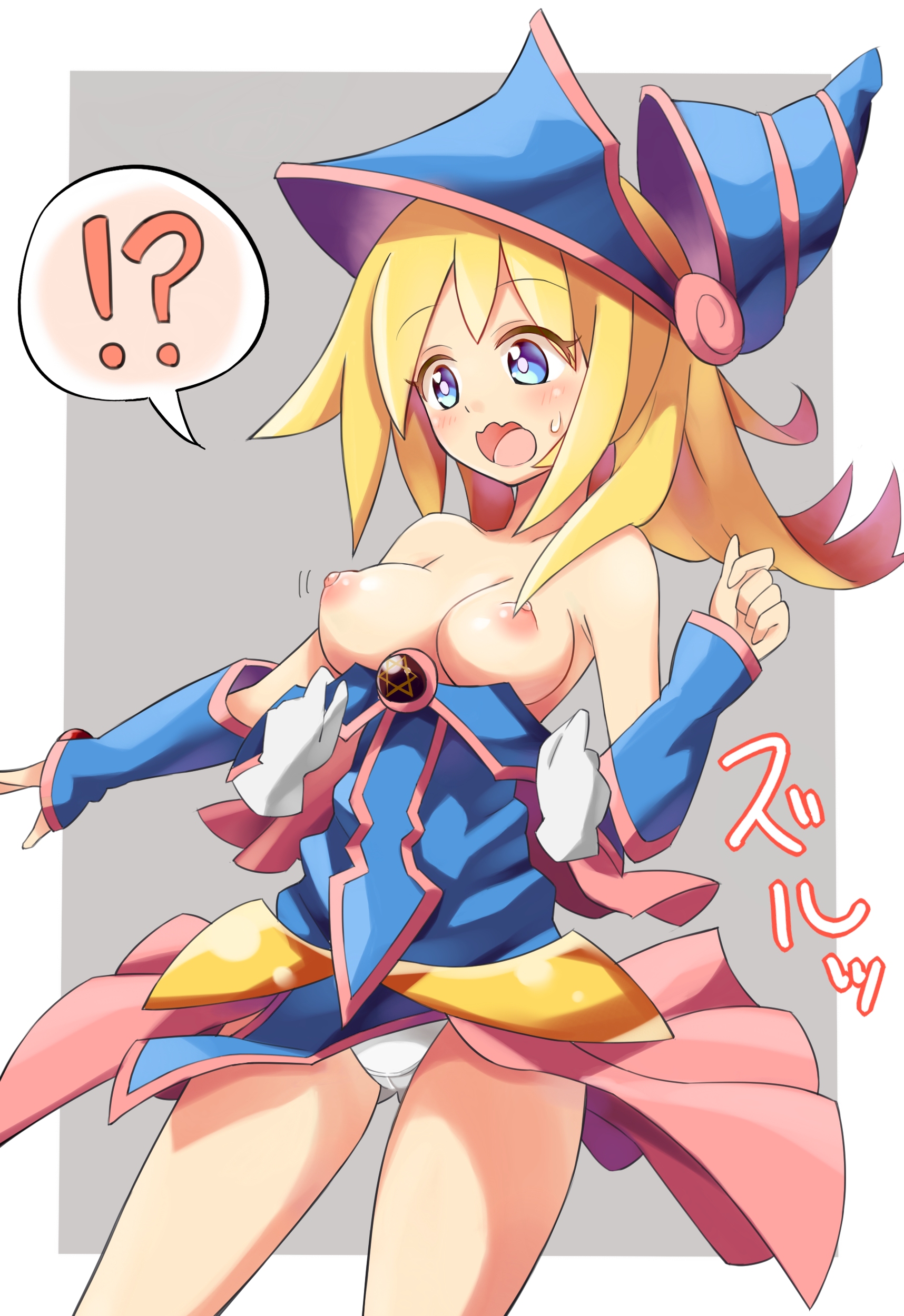 !?, assisted exposure, bare shoulders, blonde hair, blue eyes, breasts, dark magician girl, duel monster, female, hat, long hair, nipples, open mouth, panties, pentacle, solo, surprised, unacchi (nyusankin), underwear, white panties, wizard hat, yu-gi-oh!, yuu-gi-ou duel monsters