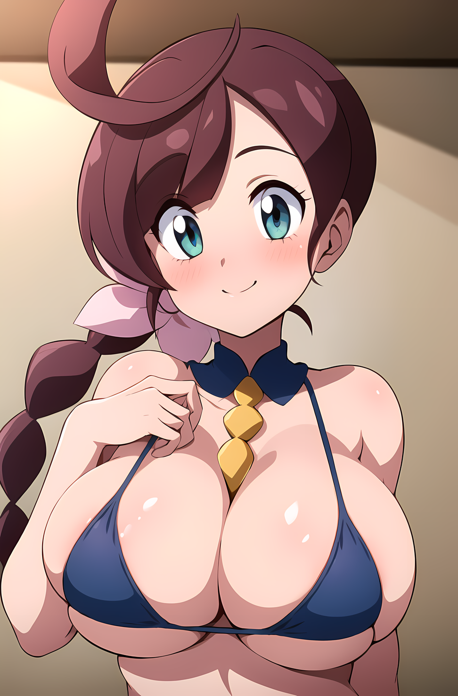 1girls ai_generated big_breasts bikini blue_bikini blue_bikini_top breasts chloe_(pokemon) cleavage female female_focus female_only green_eyes large_breasts long_hair nintendo pokemon pokemon_journeys purple_hair ryuzam small_bikini solo