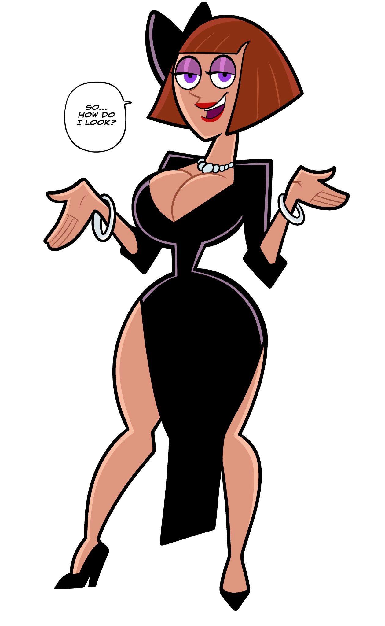 big_breasts cleavage danny_phantom dress heels jewellery jewelry madeline_fenton milf mommy pointy_chin seductive seductive_look speech_bubble text text_bubble thiccbrickk thick thick_thighs