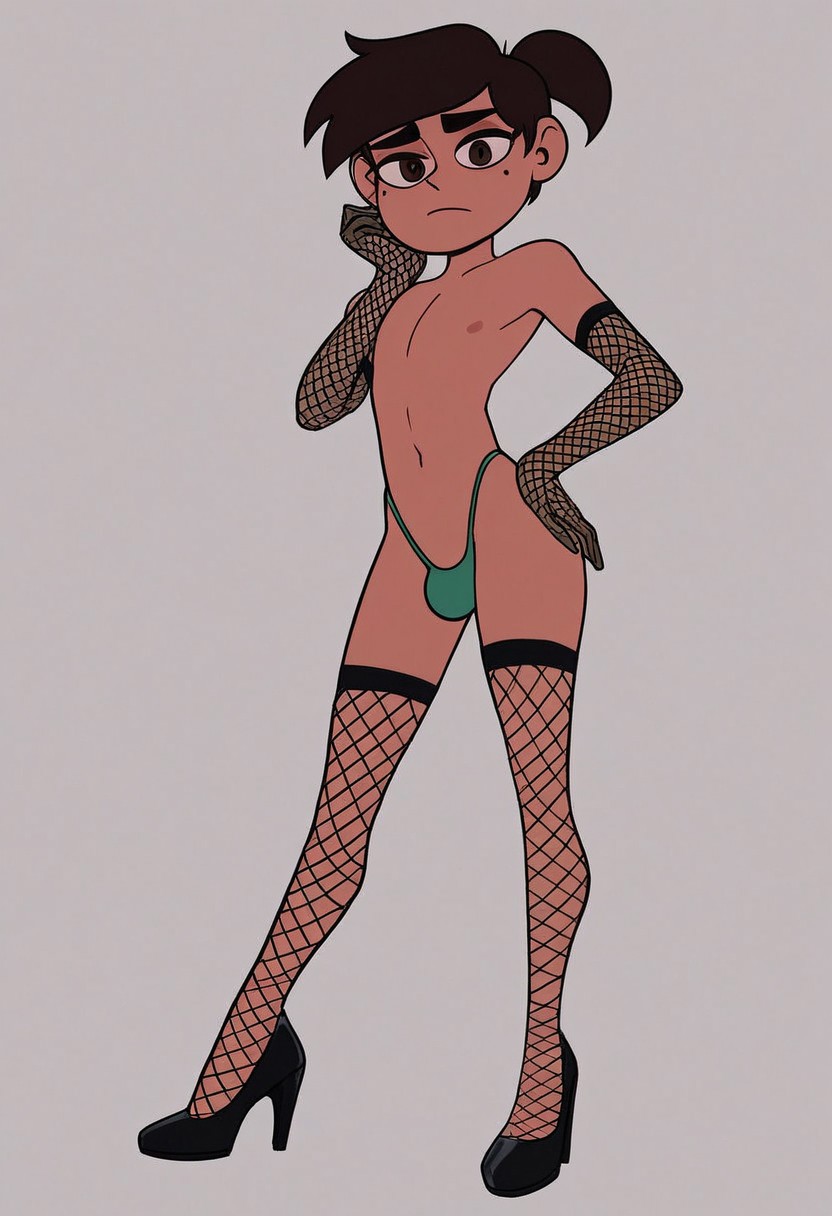 ai_generated beauty_mark black_hair bulge_through_clothing disney disney_channel femboy fishnets high_heels marco_diaz ponytail princess_marco star_vs_the_forces_of_evil stockings tagme