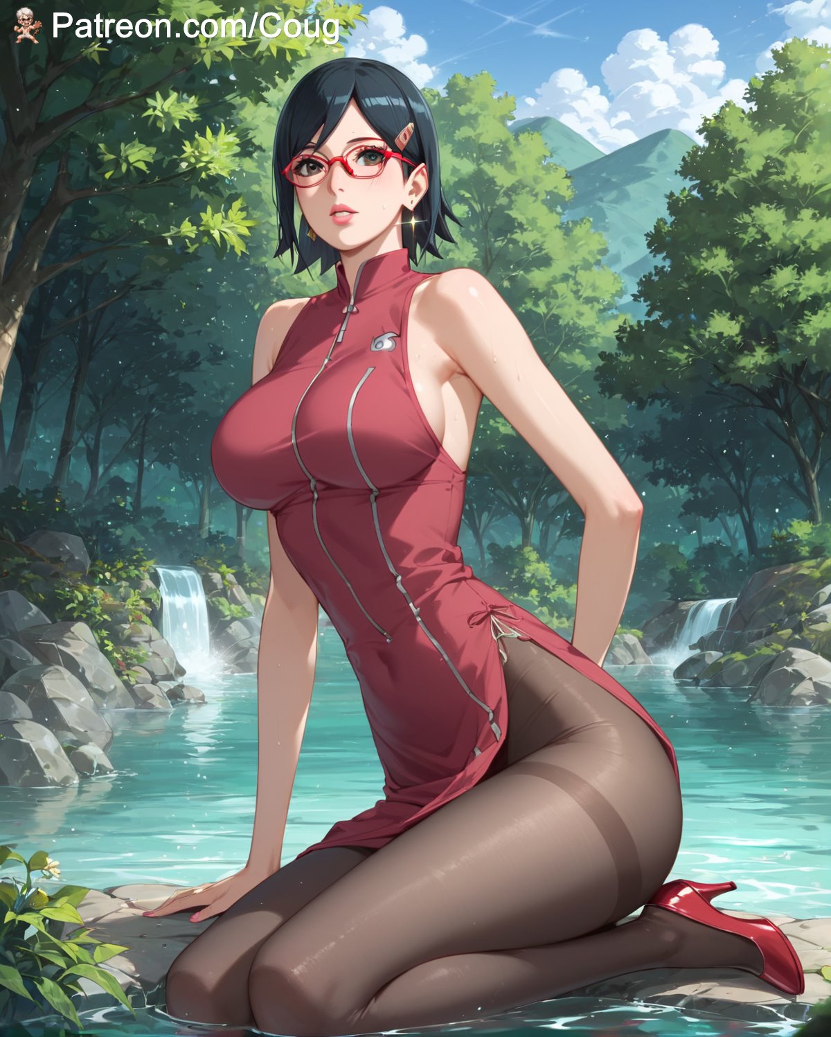 1girls, ai generated, big breasts, boruto: naruto next generations, breasts, cougwe, female, high heels, naruto, naruto (series), sarada uchiha, stable diffusion