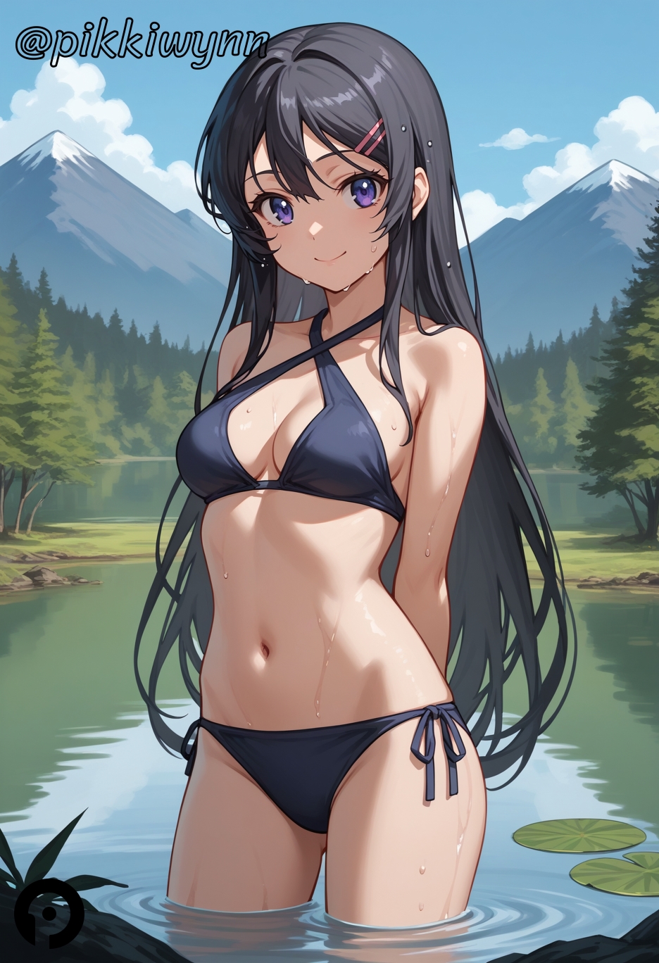 ai_generated arms_behind_back bangs bare_shoulders bikini black_bikini black_hair blue_sky blush breasts cleavage closed_mouth cloud collarbone cowboy_shot criss-cross_halter day female hair_ornament hairclip halterneck lake lily_pad long_hair looking_at_viewer medium_breasts mountain mountainous_horizon navel outdoors pikkiwynn pond purple_eyes sakurajima_mai seishun_buta_yarou_wa_bunny_girl_senpai_no_yume_wo_minai side-tie_bikini_bottom sky smile solo standing stomach swimsuit tree very_long_hair wading water wet