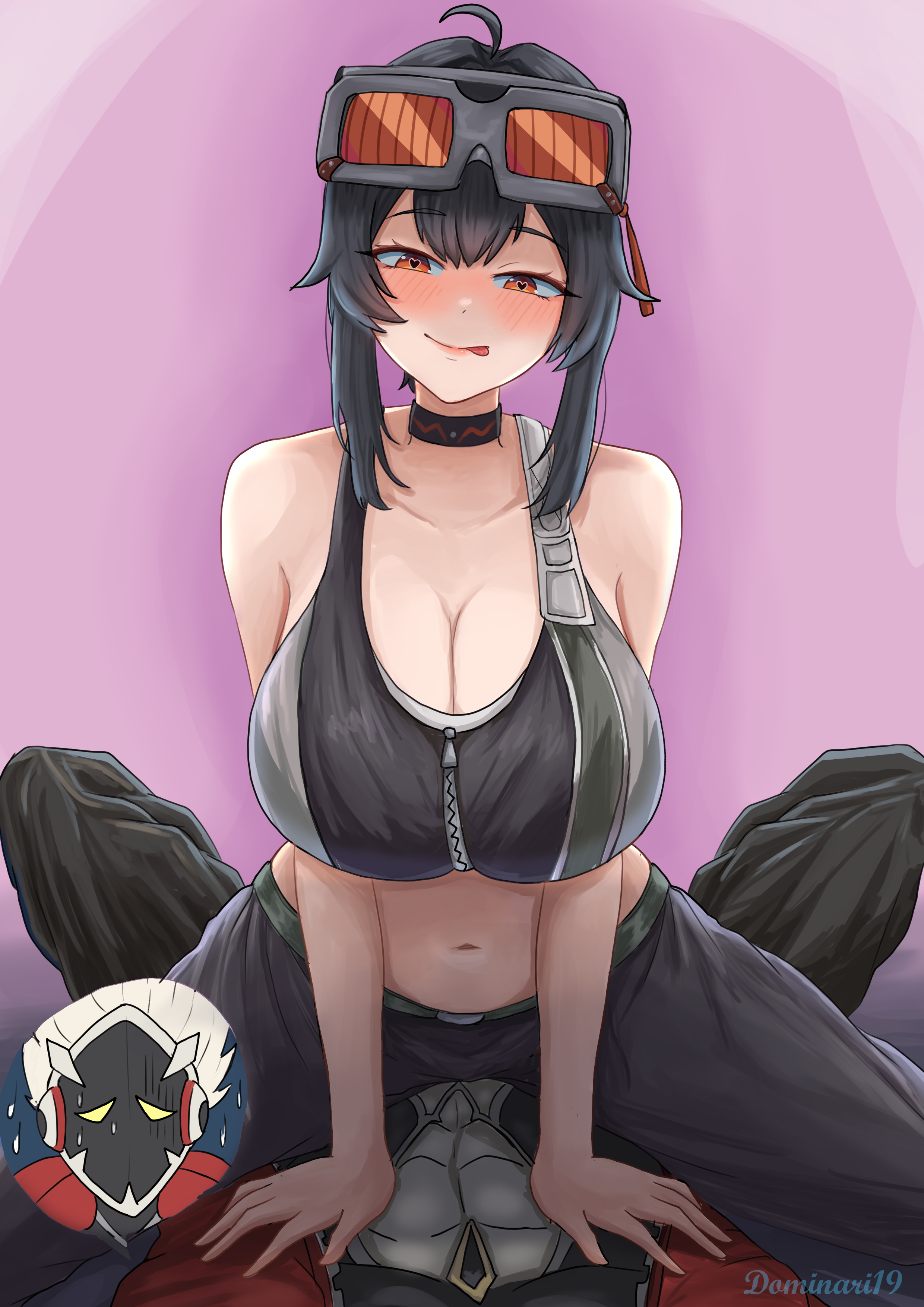 1boy, 1girls, bedroom eyes, big breasts, billy kid (zenless zone zero), black hair, blush, breasts, collar, cowgirl position, dominant female, female, female on top, goggles on head, grace howard, heart-shaped pupils, highres, hoyoverse, imminent sex, licking lips, light skin, light-skinned female, looking at another, male, midriff, naughty face, on top, pale skin, pale-skinned female, robot, tongue, tongue out, zenless zone zero, zipper
