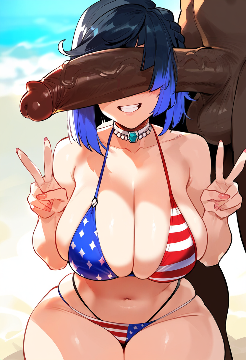 1boy 1girls ai_generated american_flag_bikini artist_upload ballsack big_breasts big_penis bikini breasts cant_see_the_haters dark-skinned_male female genitals genshin_impact grin interracial light-skinned_female male peace_sign penis penis_awe penis_in_front_of_face penis_on_face reinafan tagme wide_hips yelan_(genshin_impact)