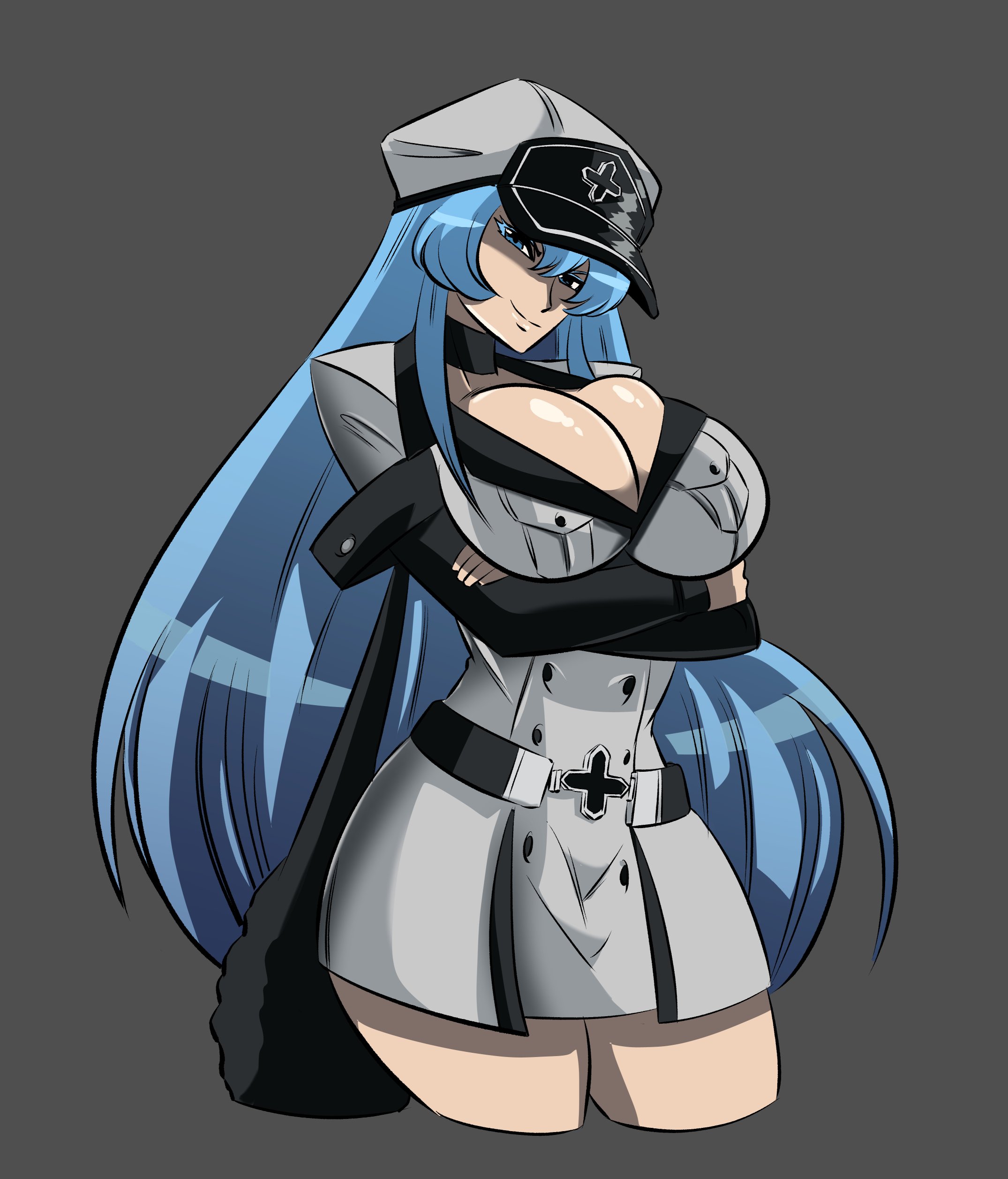 akame ga kill!, big breasts, blue hair, breasts, cleavage, crossed arms, esdeath (akame ga kill!), female, glassfish, large breasts, long hair, peaked cap, uniform