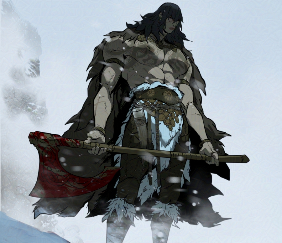 1girls abs armlet axe banishedshadow black_hair blood blood_on_weapon bracelet cape chest_tattoo drinking_horn female fur_cape fur_trim holding holding_axe jewelry loincloth long_hair muscular muscular_female necklace original pelt scar snow solo tall_female tattoo topless weapon winter