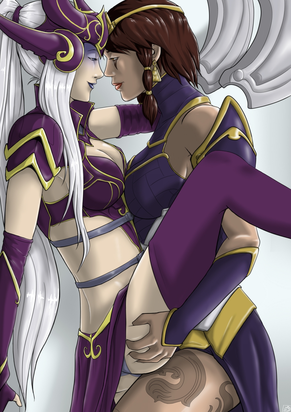 2girls, breasts, dark skin, female, karma (league of legends), league of legends, multiple females, multiple girls, syndra, tipodeincognito, white hair, yuri