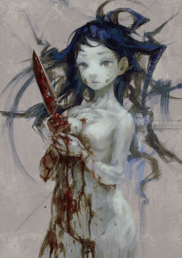 blood blood_on_breasts blood_on_face blood_on_fingers bloody_hands bloody_knife bloody_weapon blue_hair breasts brown_eyes empty_eyes female jon_taira knife long_hair messy_hair nude original pale_skin solo weapon