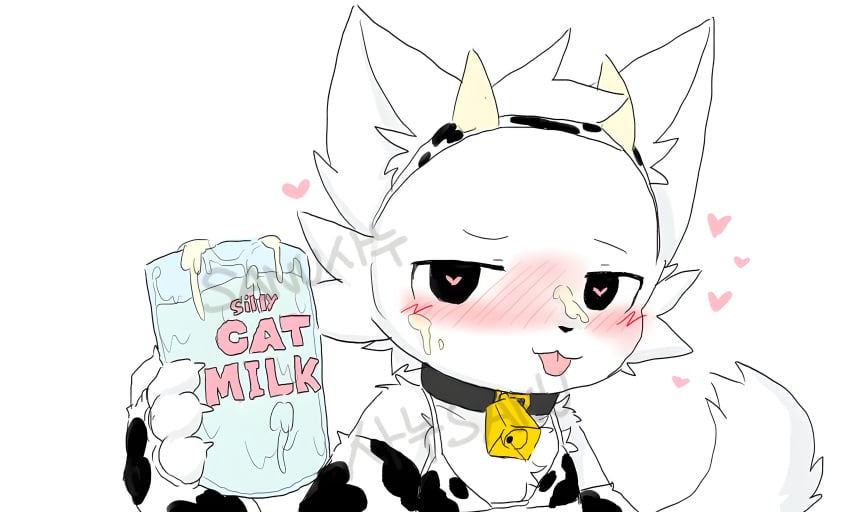 1boy, boykisser, cat, cowprint, cum, cum in container, femboy, male, male focus, male only, milk, silly, silly cat (mauzymice), tagme