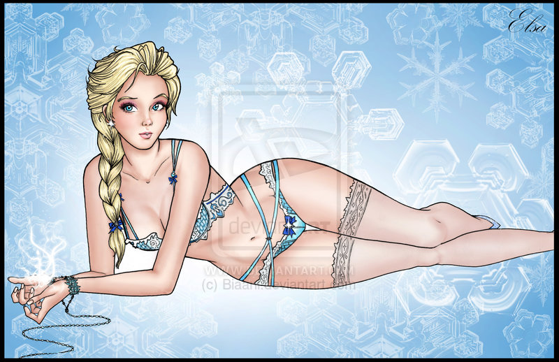 biaani, bondage, color, disney, elsa (frozen), female, female only, frozen (film), human, lingerie, lying down, solo, watermark