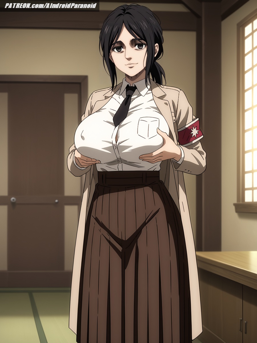 ai_generated aindroidparanoid attack_on_titan big_breasts black_eyes black_hair breast_grab breasts busty cleavage curvy female forest grabbing_own_breast huge_breasts indoors jacket large_breasts messy_hair narrow_waist pieck_finger ponytail shingeki_no_kyojin shirt skirt slim_waist smile stable_diffusion straight_hair tired_eyes voluptuous