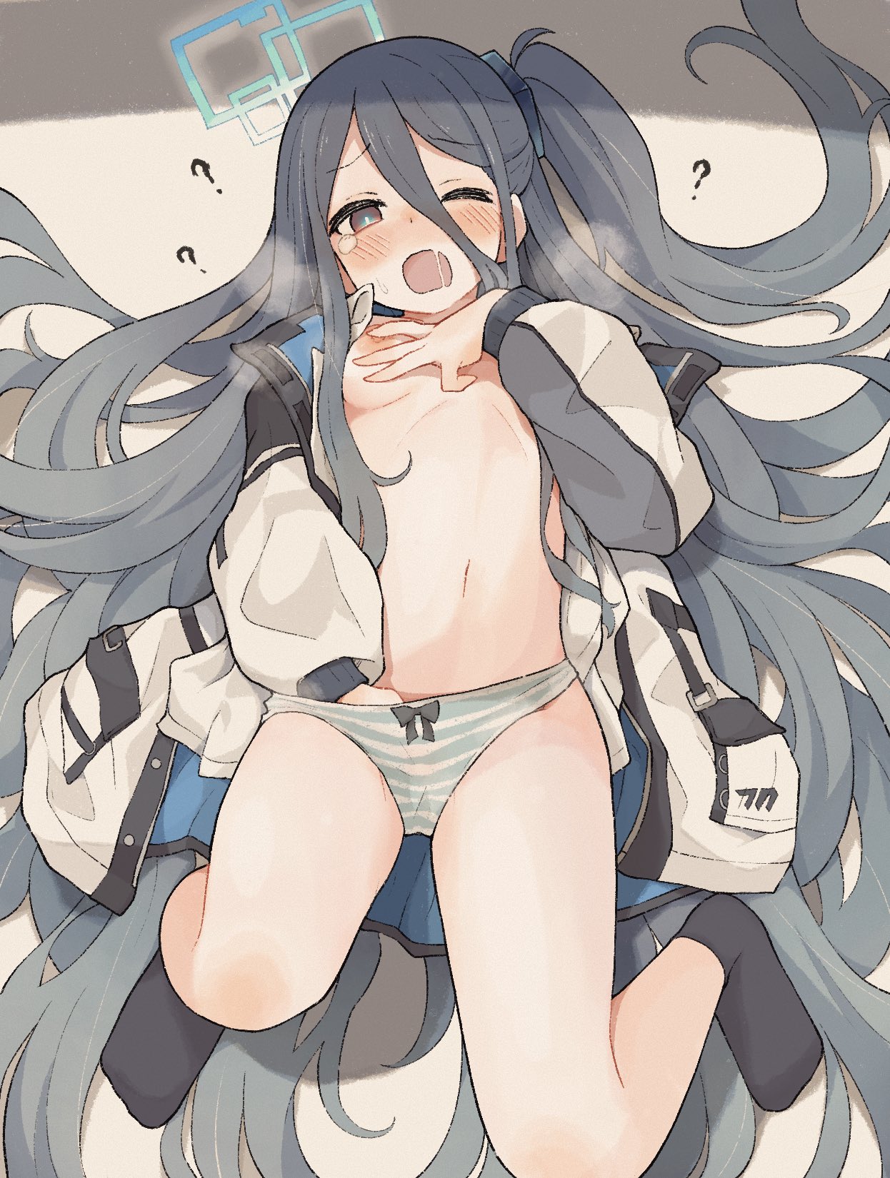 ? absurdly_long_hair aqua_halo aris_(blue_archive) az84997592 black_bow black_socks blue_archive blush bow bow_panties breasts commentary female female_masturbation full_body grey_eyes grey_hair hair_between_eyes halo hand_in_panties hand_on_own_chest heavy_breathing highres jacket long_hair long_hair_between_eyes long_sleeves lying masturbation masturbation_through_clothes moaning multicolored_clothes multicolored_jacket navel no_shoes on_back one_eye_closed one_side_up open_clothes open_jacket open_mouth orgasm panties petite side_ponytail small_breasts socks solo striped_clothes striped_panties tears two-tone_jacket underwear very_long_hair young