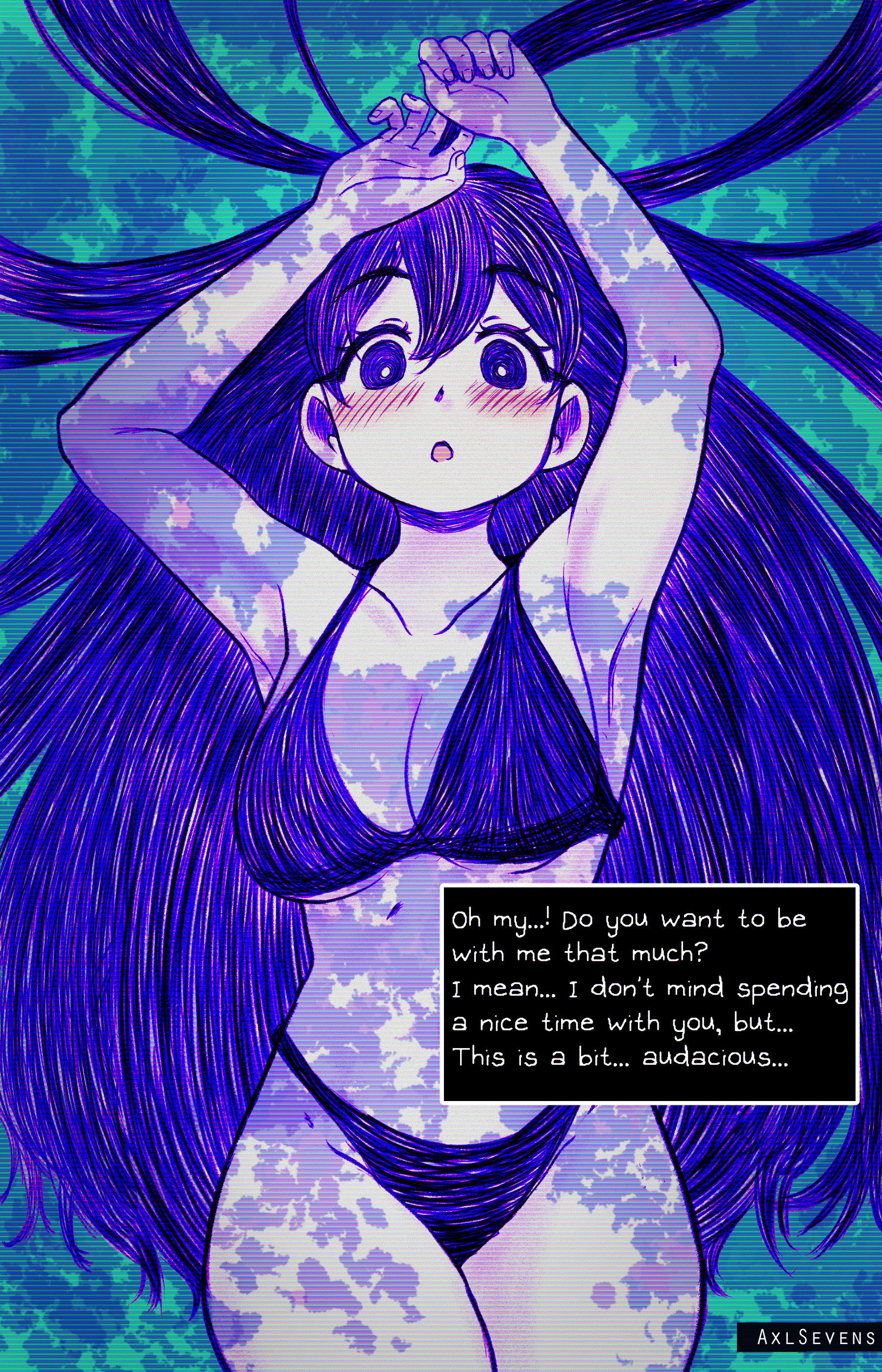 1girls, armpits, aviis, bikini, blush, breasts, curvy, dialogue, female, female focus, female only, hips, long hair, lyresweet, mari (headspace) (omori), mari (omori), omori, purple hair, swimsuit, tagme, text, thick thighs, water