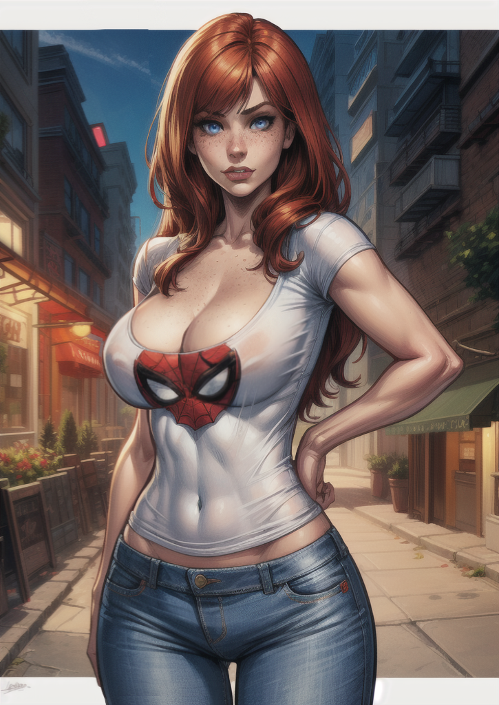 ai_generated big_breasts blue_eyes cclover fan_edit freckles jeans large_breasts marvel marvel_comics mary_jane_watson red_hair spider-man_(series) thin_waist third-party_edit wide_hips