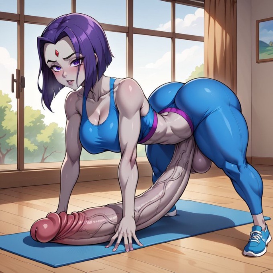 ai_generated big_ass big_balls breasts dc_comics futanari grey_skin hyper_penis purple_hair rachel_roth raven_(dc) teen_titans thick_penis workout_clothes yoga_mat yoga_pants