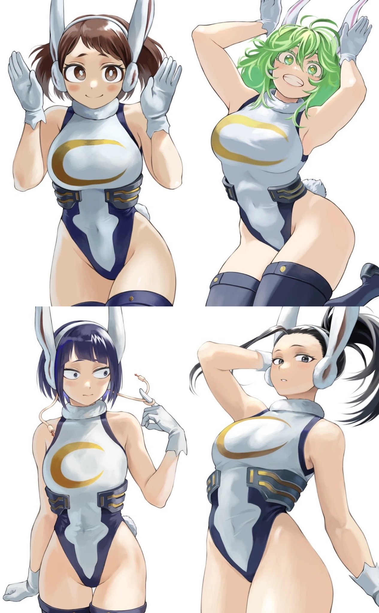 4girls animal_ears animal_tail blush blushing bodysuit boku_no_hero_academia bunny_ears bunny_tail bunnysuit cosplay costume_switch furin0241 hagakure_tooru_(visible) jirou_kyouka kyoka_jiro leotard looking_at_viewer medium_breasts mirko_cosplay miruko_(cosplay) momo_yaoyorozu multiple_females multiple_girls my_hero_academia ochako_uraraka superhero_costume superheroine thighhighs tight_clothing tight_fit tooru_hagakure_(visible) uraraka_ochako yaoyorozu_momo