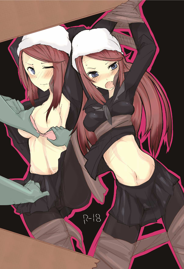 ban_airi blue_eyes blush bondage bra breast_grab breasts clothing devil_survivor_2 groping hat large_breasts long_hair mos1613 nipples pantyhose red_hair scarf school_uniform skirt