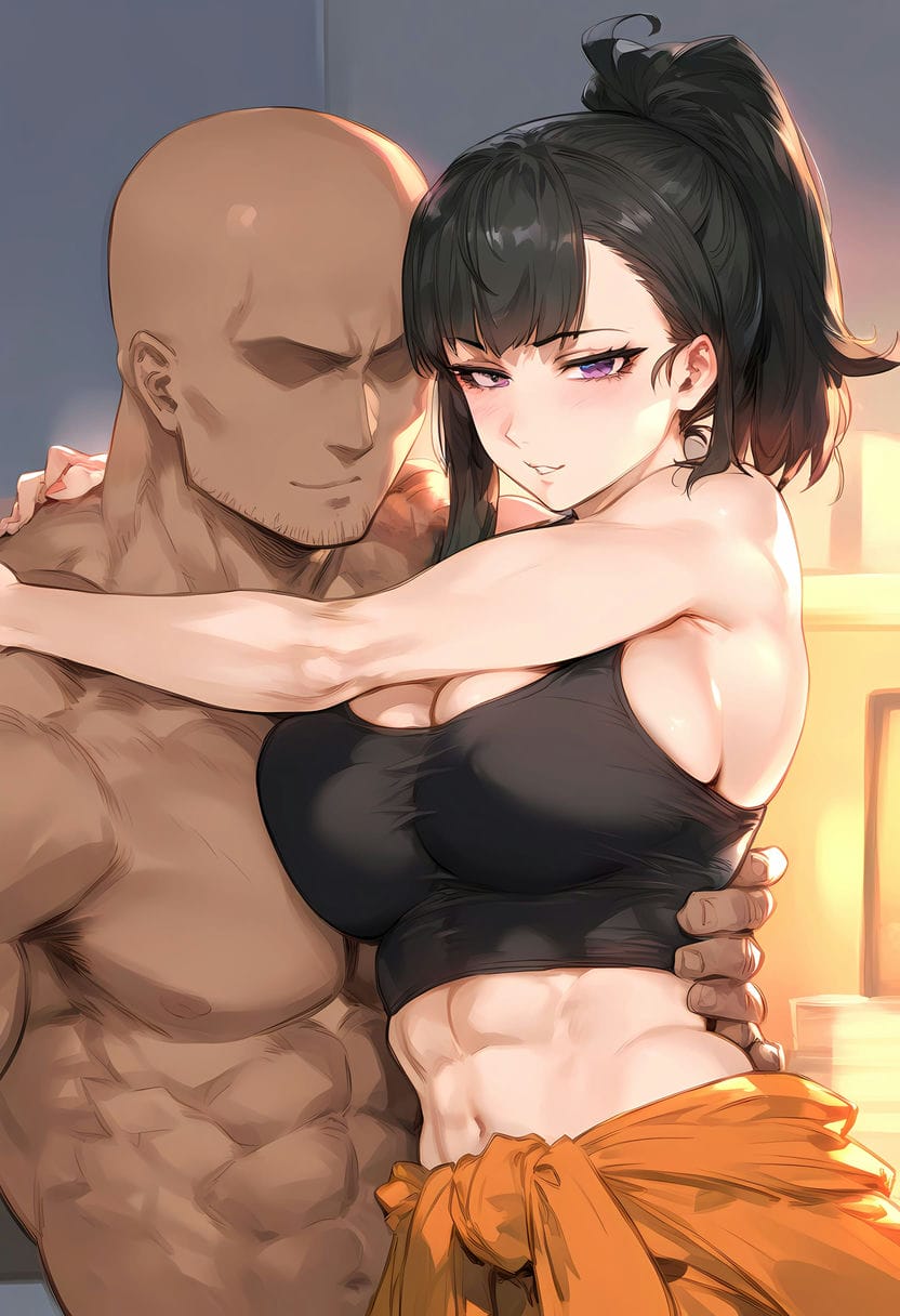 1boy 1girls abs ai_generated bare_arms bare_shoulders big_breasts black_hair color dark-skinned_male dark_skin female fire_force fit_female hi_res interracial large_breasts light-skinned_female light_skin long_hair looking_at_viewer male male/female muscles muscular muscular_female muscular_male nakatori no_bra oze_maki purple_eyes tagme thick_thighs