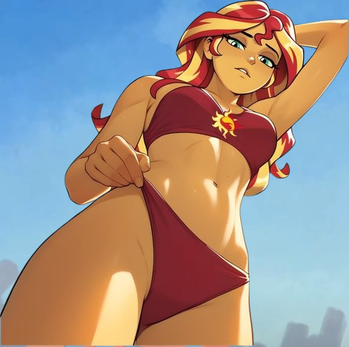 1girl ai_generated big_breasts equestria_girls giantess hands_behind_head looking_at_viewer my_little_pony red_bikini solo sunset_shimmer