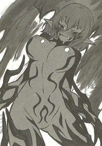 blush colorless female_only fire fire_elemental ignis large_breasts markings monster_girl monster_girl_encyclopedia nipples open_mouth short_hair standing thighs white_background