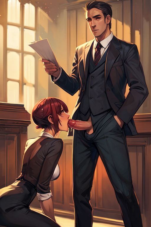 1boy 1boy1girl 1girl 1girls ai_generated blowjob courthouse mostly_clothed_male on_knees painting short_hair sucking_tip suit_and_tie tagme