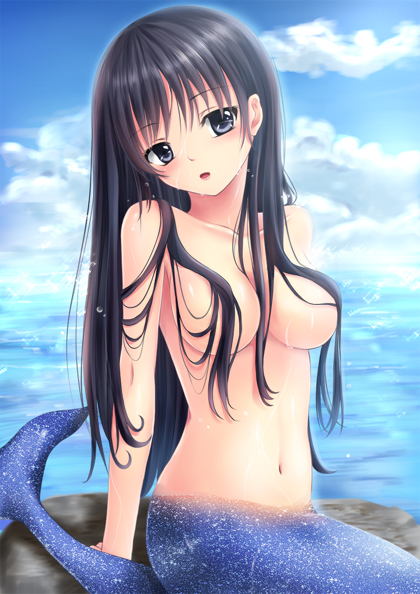 1girls black_hair blue_eyes blue_tail breasts censored convenient_censoring female female_only glitter hair_censor hair_over_breasts highres jpeg long_hair mermaid monster_girl navel original sitting sky solo topless toshi_(1-147) water wet