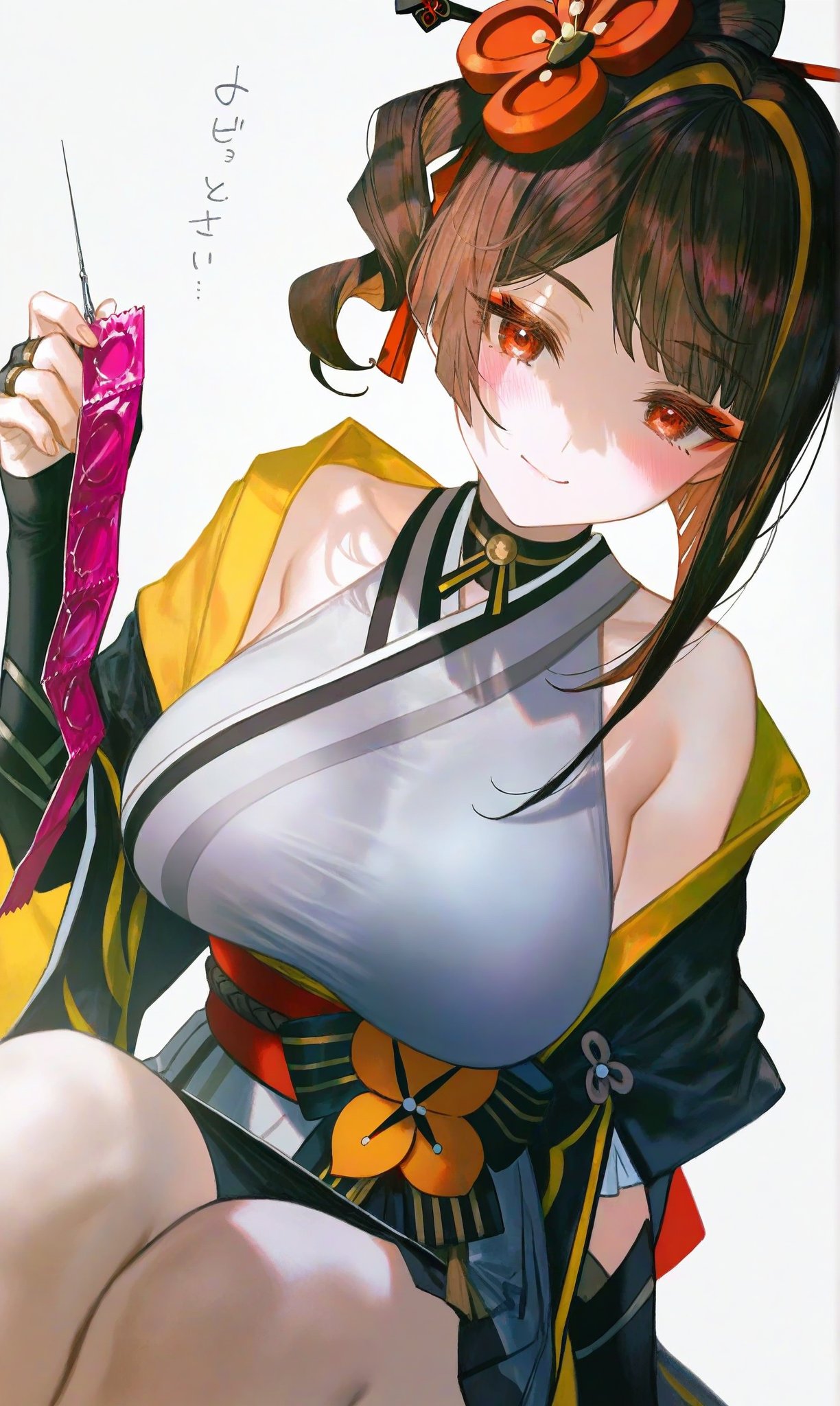 1girls ai_generated big_breasts blush breasts brown_hair chiori_(genshin_impact) condom condom_wrapper genshin_impact inviting japanese_clothes kimono large_breasts looking_at_viewer red_eyes themallowkit