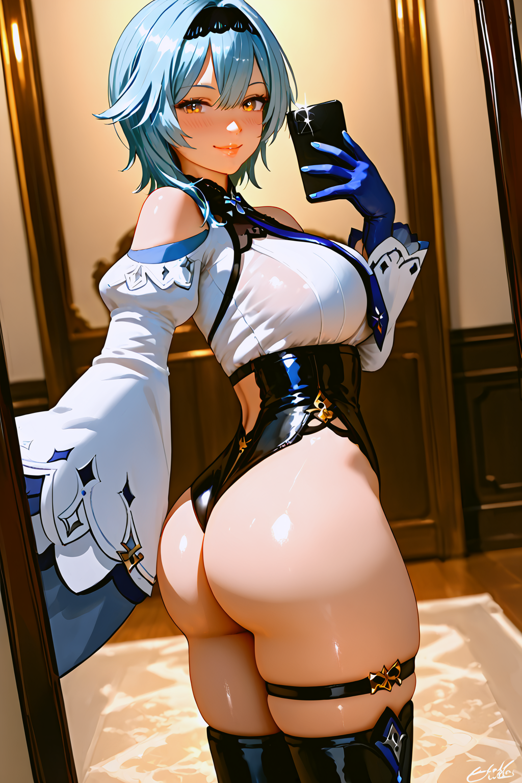 ai_generated backless_outfit blush breasts clothing eula_(genshin_impact) genshin_impact holding_phone huge_ass looking_at_viewer medium_breasts mirror photo presenting_ass puffy_lips selfie shiny_skin smile standing tight_clothing