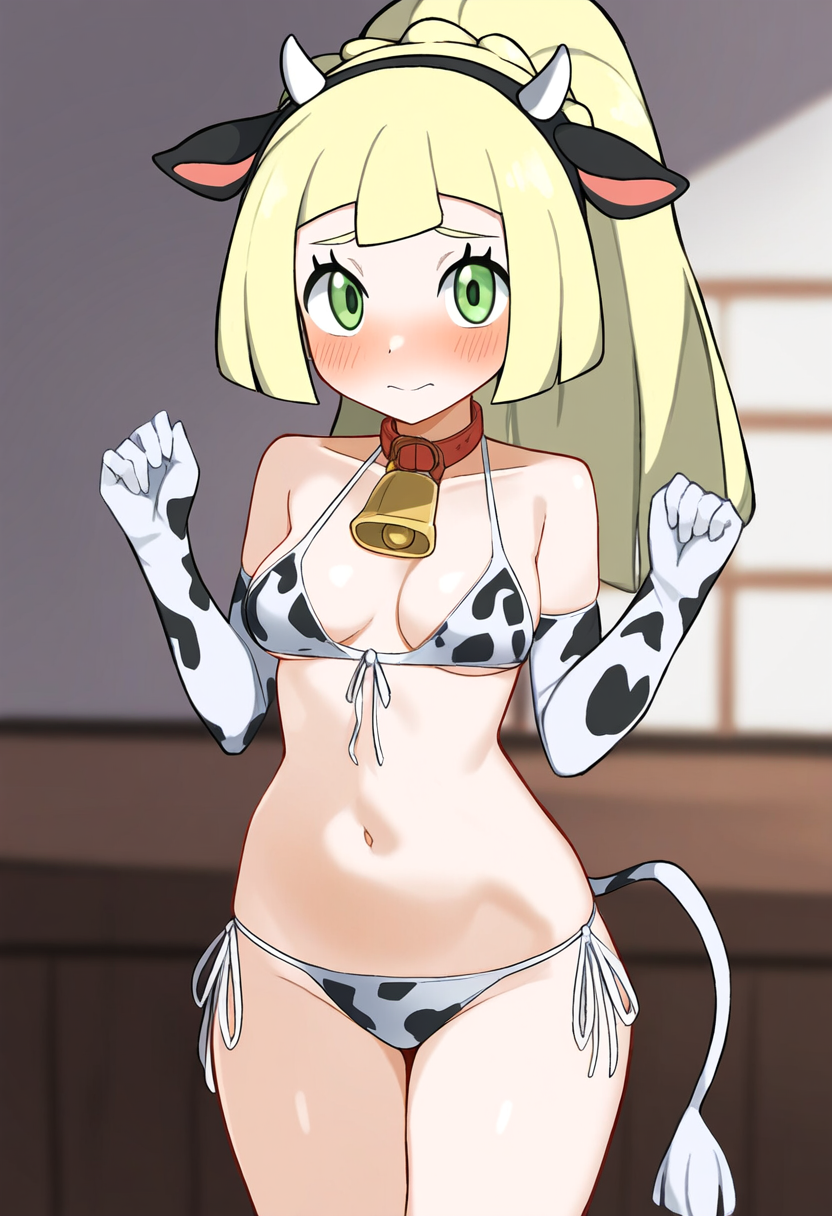 1girls ai_generated bikini blonde_hair blush cow_ears cow_horns cow_print cow_tail cowbell elbow_gloves embarrassed fake_animal_ears fake_animal_tail fake_horns fake_tail female green_eyes lillie_(pokemon) looking_at_viewer navel novelai pale-skinned_female pale_skin pokemon pokemon_sm ponytail raised_eyebrows self_upload small_breasts solo