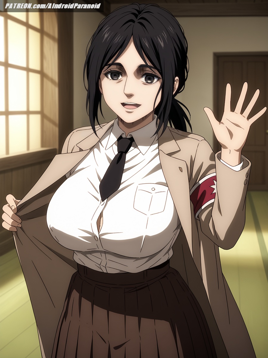 ai_generated aindroidparanoid attack_on_titan big_breasts black_eyes black_hair breasts busty cleavage curvy cute female female_only forest huge_breasts indoors jacket large_breasts messy_hair narrow_waist pieck_finger ponytail shingeki_no_kyojin shirt skirt slim_waist smile stable_diffusion straight_hair tired_eyes voluptuous waving