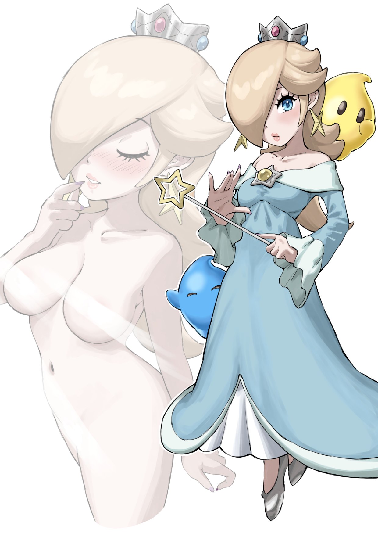 1girls blonde_hair blue_dress blue_eyes breasts clothing crown dress female female_focus female_only high_heels jpeg light-skinned_female light_skin luma mario_(series) nintendo no_nipples princess_dress princess_rosalina solo super_mario_galaxy tagme yamino_ekakinin