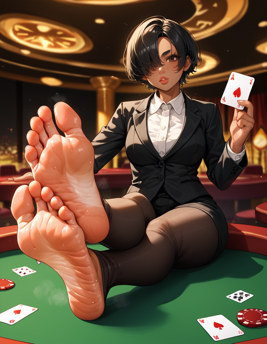 ai_generated black_hair brown_eyes crossed_legs female foot_fetish foot_focus hair_covering_eye short_hair suit sweaty sweaty_feet tanned thick_lips