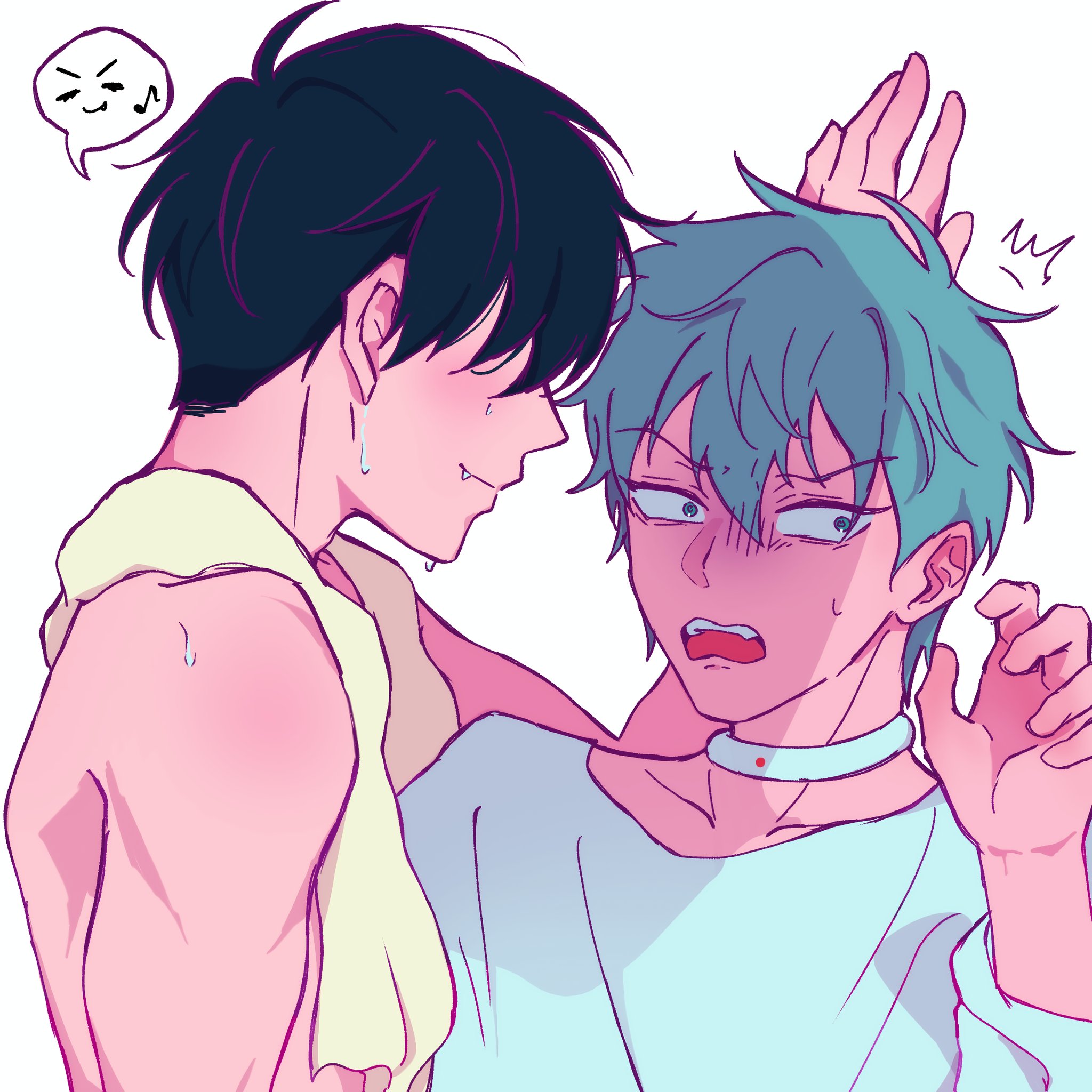 after shower, against wall, alien stage, black hair, blush, gay, gay male, green eyes, grey hair, ivan (alien stage), looking away, male, naked, naked male, scared, scared expression, scared face, shower, smile, smiling, till (alien stage), towel, towel around neck, white shirt