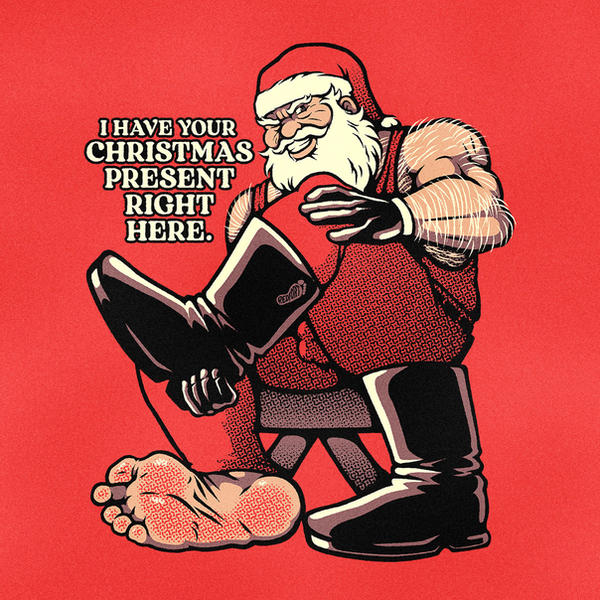 arm_hair bear_(body_type) boot_fetish boot_removed boots bulge christmas english_text gay kinky looking_at_viewer male_feet male_focus male_foot_fetish male_only older_male one_shoe_on red_background santa_claus sexy_santa