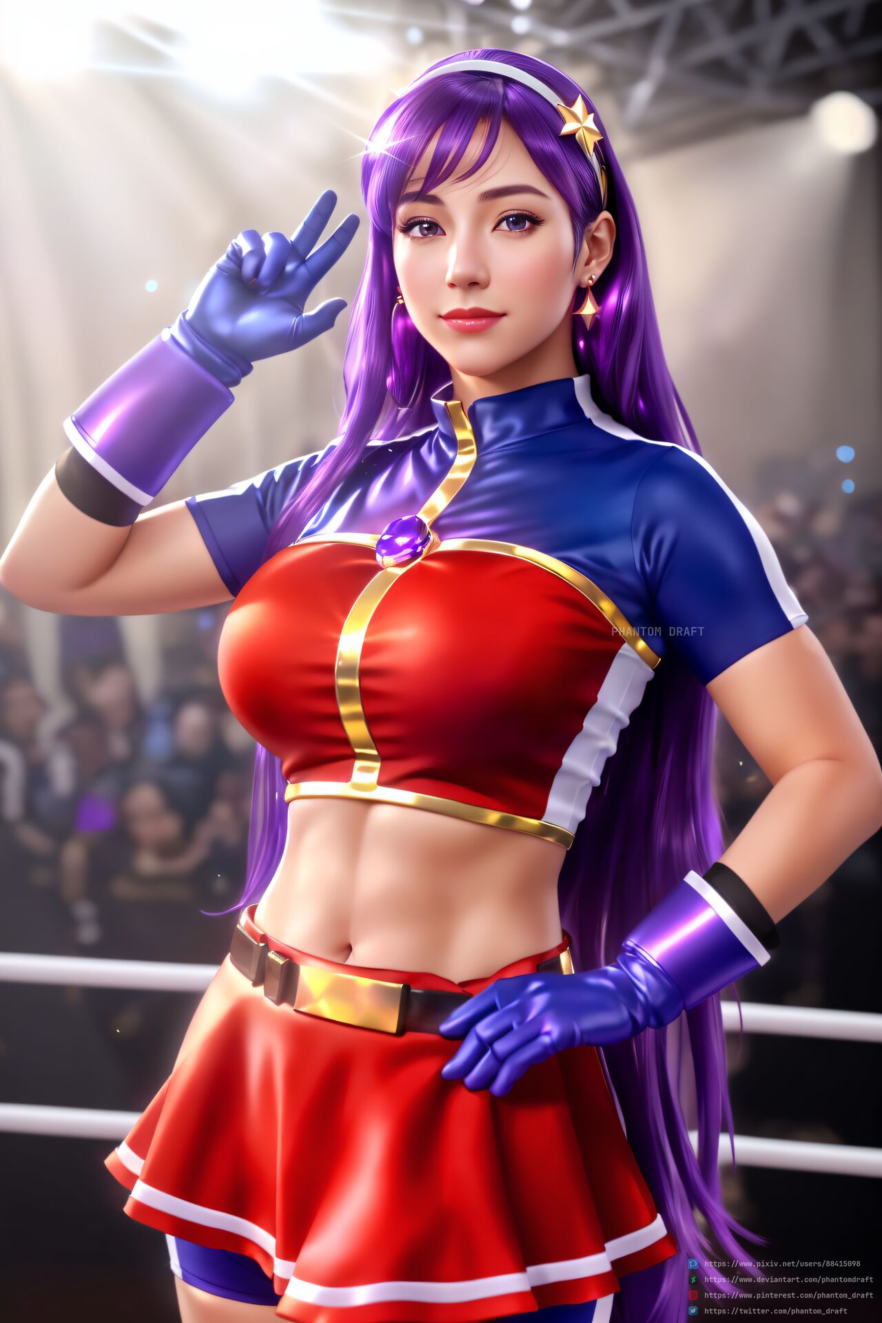 1girls ai_generated athena_asamiya big_breasts busty female gloves hair_ornament headband king_of_fighters light-skinned_female light_skin long_hair looking_at_viewer pale-skinned_female pale_skin phantom_draft purple_eyes purple_hair skirt tied_hair voluptuous voluptuous_female