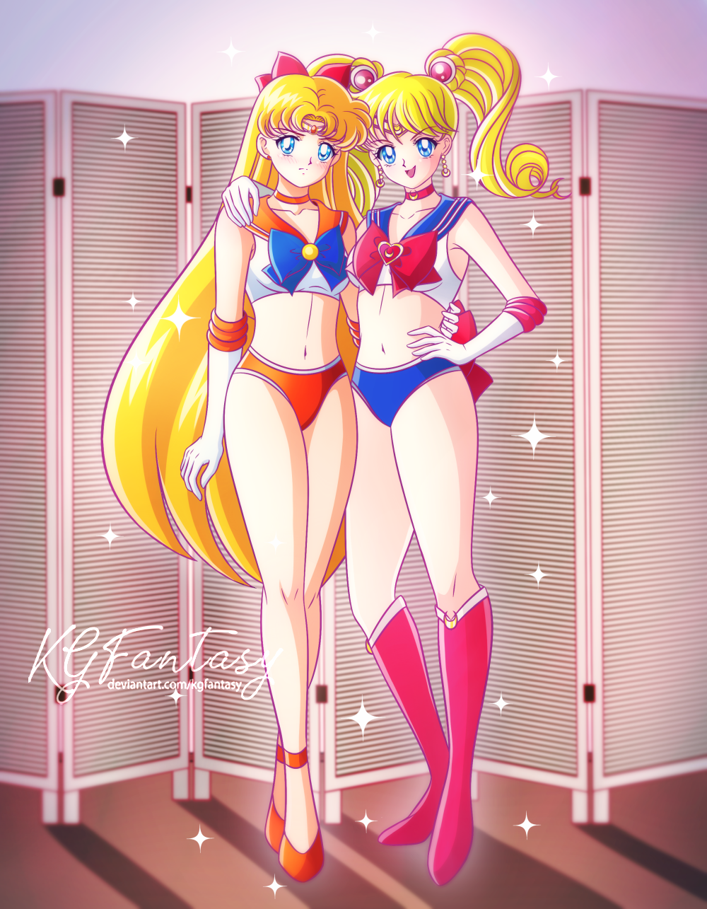 2girls bishoujo_senshi_sailor_moon blonde_hair blue_eyes bow clothing kgfantasy minako_aino outfit_swap pout sailor_moon sailor_venus small_breasts smile usagi_tsukino