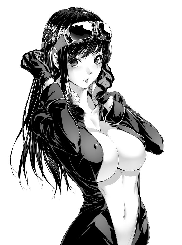 :p blush bodysuit breasts covered_nipples female gloves goggles goggles_on_head large_breasts long_hair looking_at_viewer monochrome navel original simple_background solo tongue unzipped zucchini