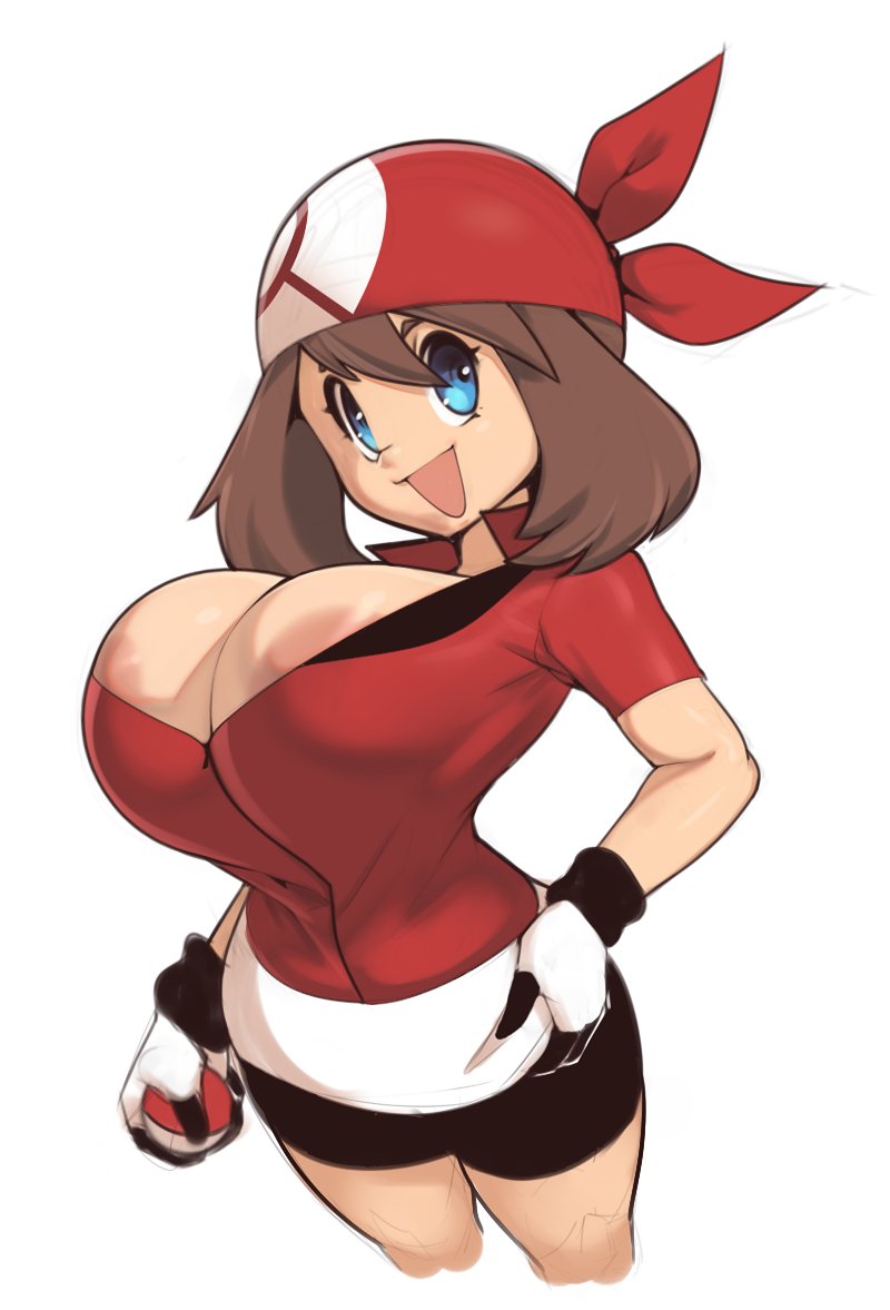 1girls alternate_breast_size areola areola_slip areolae bandana big_areola big_areolae big_breasts big_nipples blue_eyes breasts brown_hair cleavage colored game_freak gloves happy huge_areolae huge_breasts huge_nipples jacket large_breasts legs may_(pokemon) mystical nipples open_mouth plantpenetrator pokeball pokemon pokemon_rse short_shorts shorts skinny tongue white_background