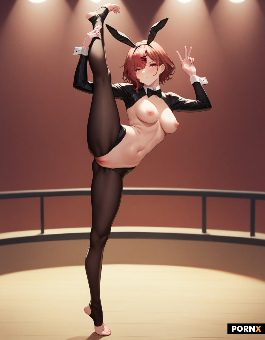 ai_generated higuchi_madoka on_tiptoe reverse_bunnysuit standing_on_one_leg standing_split tippy_toes