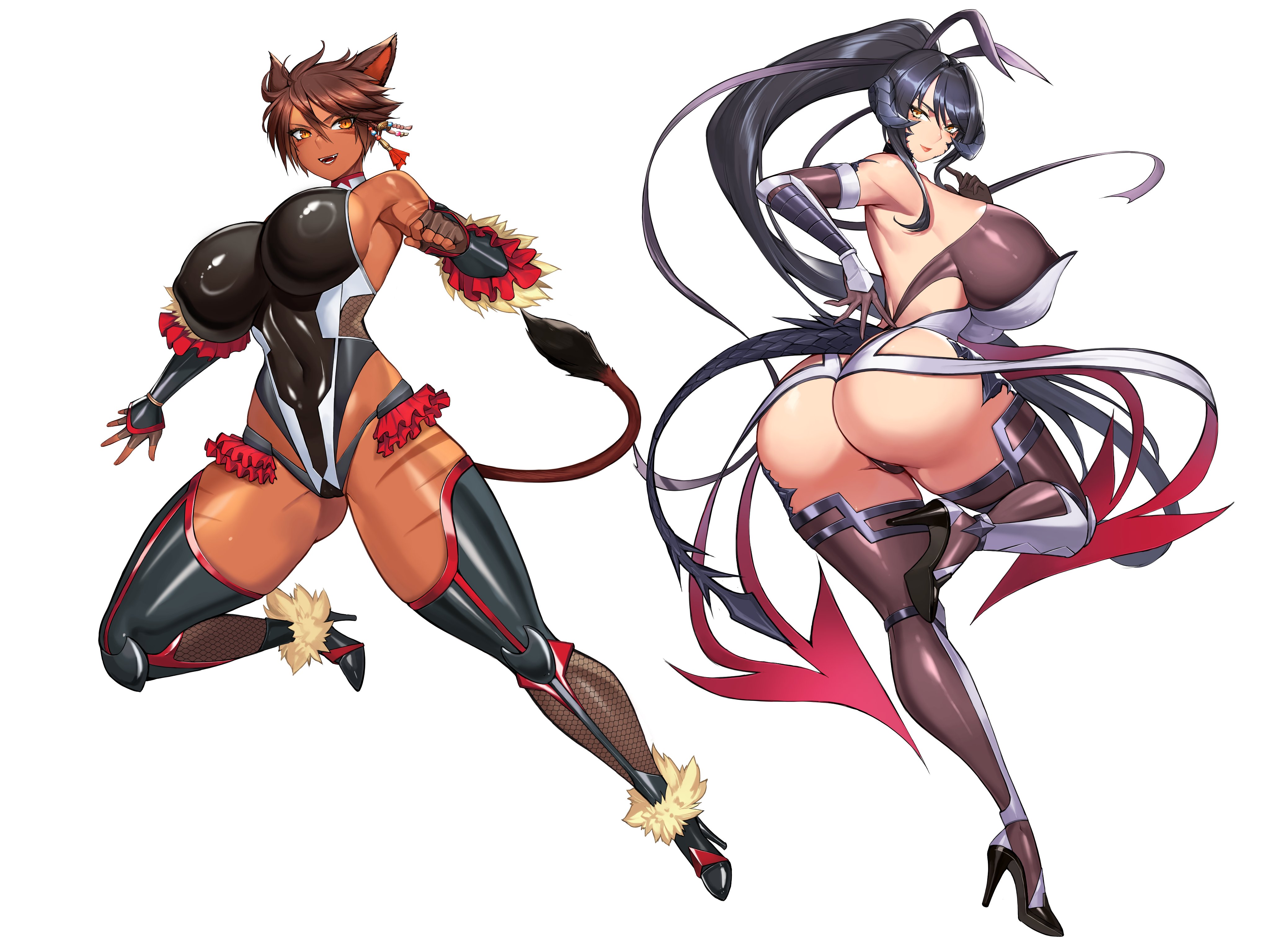 2025, 2girls, animal ears, ass, ass focus, au ra, big ass, big breasts, black hair, breasts, brown eyes, brown hair, cat ears, cat tail, cosplay, dark skin, dark-skinned female, duo, female, female only, final fantasy, final fantasy xiv, gurimjang, heels, horn, horns, huge ass, huge breasts, large ass, large breasts, light-skinned female, long hair, mizuki shiranui (cosplay), mizuki yukikaze (cosplay), multiple girls, ponytail, sapphira nyx, tail, taimanin (series), taimanin suit, thick, thick thighs, yellow eyes
