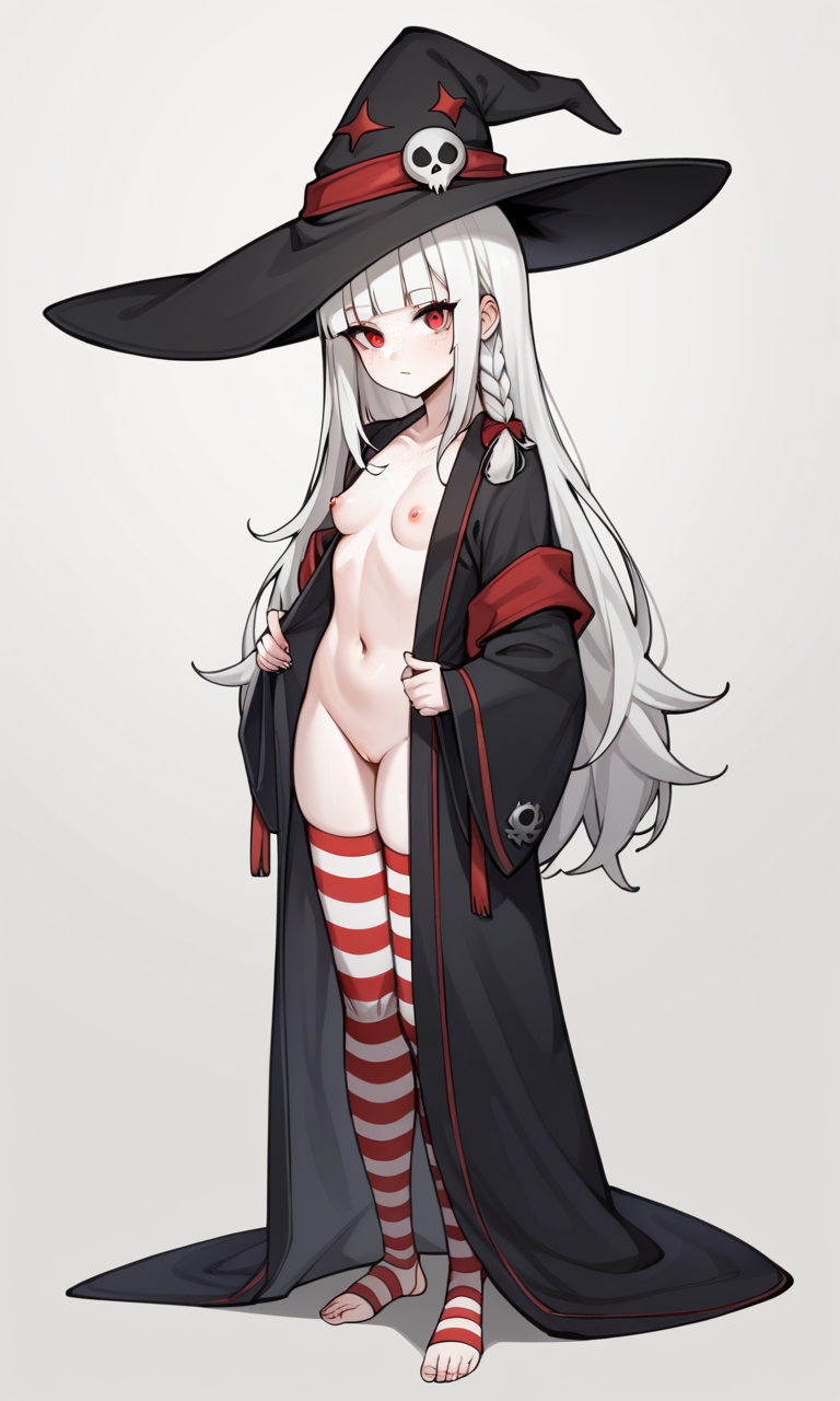 1girls ai_generated cherrae_(kosine1777) cloak flat_chest freckles kosine1777 kosineverse large_hat long_hair nipples nude original original_character pussy red_eyes single_braid skull small_breasts stockings striped_stockings white_hair witch witch_hat