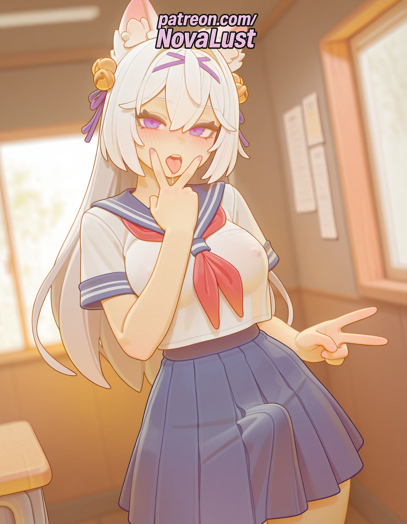 1futa, 2025, ai generated, animal ear fluff, animal ears, artist name, big breasts, big chest, blurry, blurry background, blush, breasts, bust, busty, chalkboard, chest, classroom, depth of field, desk, double v, filian (vtuber), futanari, hair between eyes, hair ornament, heart-shaped pupils, hi res, high quality, high resolution, highres, indoors, intersex, large breasts, long hair, novalust, open mouth, patreon, patreon username, pleated skirt, sailor collar, school desk, school uniform, see-through, serafuku, shirt, skirt, smile, solo, stable diffusion, symbol-shaped pupils, v, virtual youtuber, vtuber, watermark