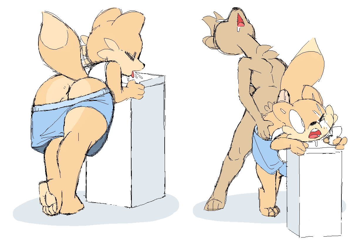 anthro anus bent_over buttjob canine chest_tuft clothes fur furry male male_only mammal penis precum raised_tail saliva shorts tuft wardrobe_malfunction water_fountain xylas