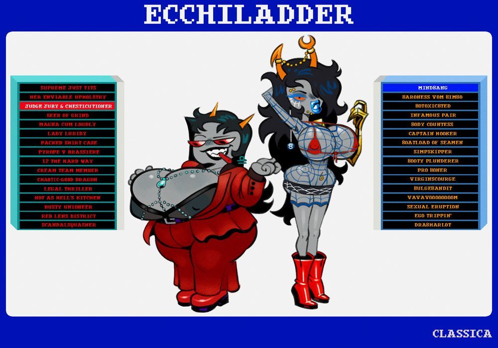2girls, big ass, big breasts, bimbo, bimbofication, classica p, high heel boots, high heels, homestuck, homestuck troll, low res, lowres, part of a set, tagme, terezi pyrope, vriska serket