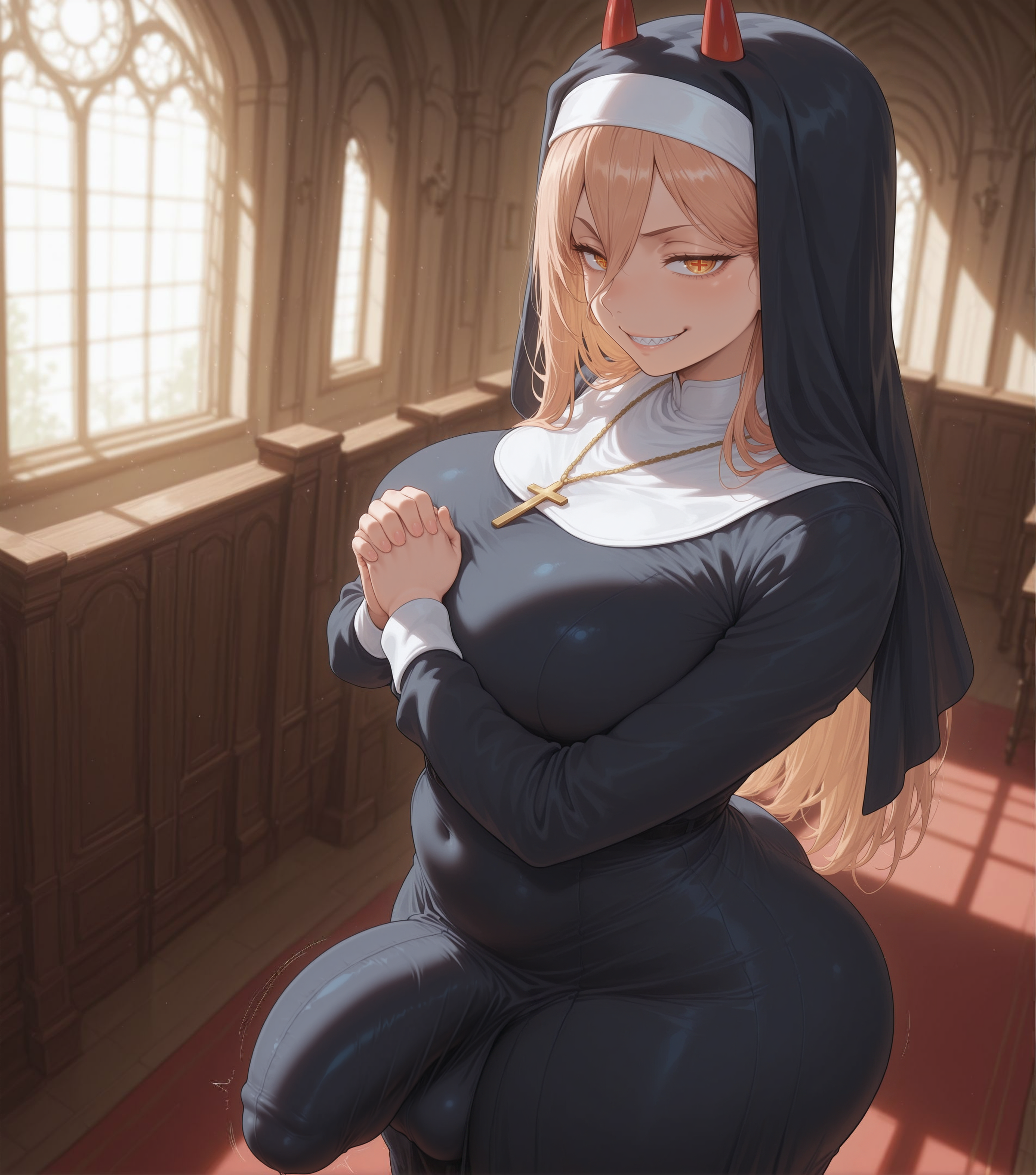 abs, ai, ai art, ai generated, bubble butt, bulge, bulge through clothing, bulge under clothes, chainsaw man, civitai, clenched teeth, clothing, covered abs, demon, demon girl, demon horns, dickgirl, dickgirl only, female, futa bulge, futa focus, futa only, futanari, hands together, hi res, high resolution, highres, intersex, long penis, looking at viewer, nun, nun futa, nun hat, nun outfit, outfit, patreon, penis, penis bulge, power (chainsaw man), praying, request, requested, self upload, sharp teeth, smirk, smug, solo, stable diffusion, thick thighs, twitter, upscaled, voluptuous, voluptuous futa, wide hips, yuckle