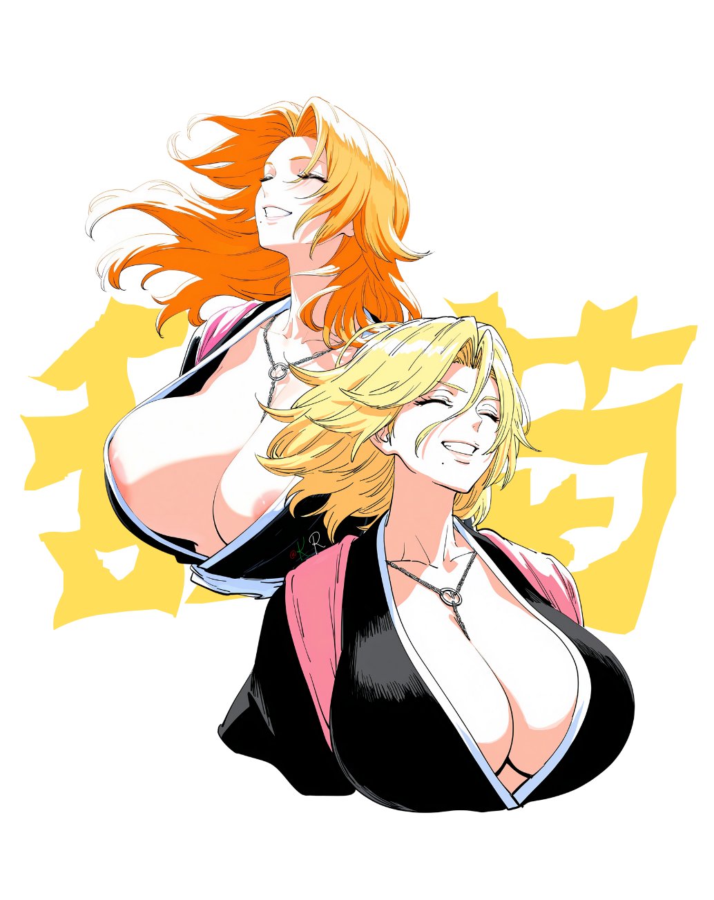1girls, 2girls, ai generated, alternate hair length, alternate hairstyle, animerch, areola slip, areolae, artist signature, birthmark, black kimono, bleach, bleach: the thousand-year blood war, blonde hair, breasts, cleavage, closed eyes, clothing, collarbone, eyes closed, female, floating hair, grin, hair between eyes, huge breasts, japanese clothes, jewelry, kimono, large breasts, long hair, matsumoto rangiku, mole, mole under mouth, multiple females, multiple girls, necklace, no bra, orange hair, pink scarf, shawl, simple background, smile, traditional clothes, upper body, wafuku