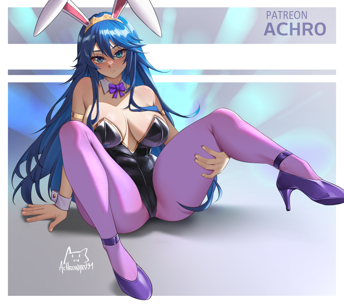 1girls, achromaru, alternate costume, blue hair, breasts, bunny ears, bunnysuit, female, female only, fire emblem, fire emblem awakening, highres, large breasts, long hair, lucina (fire emblem), nintendo, pantyhose