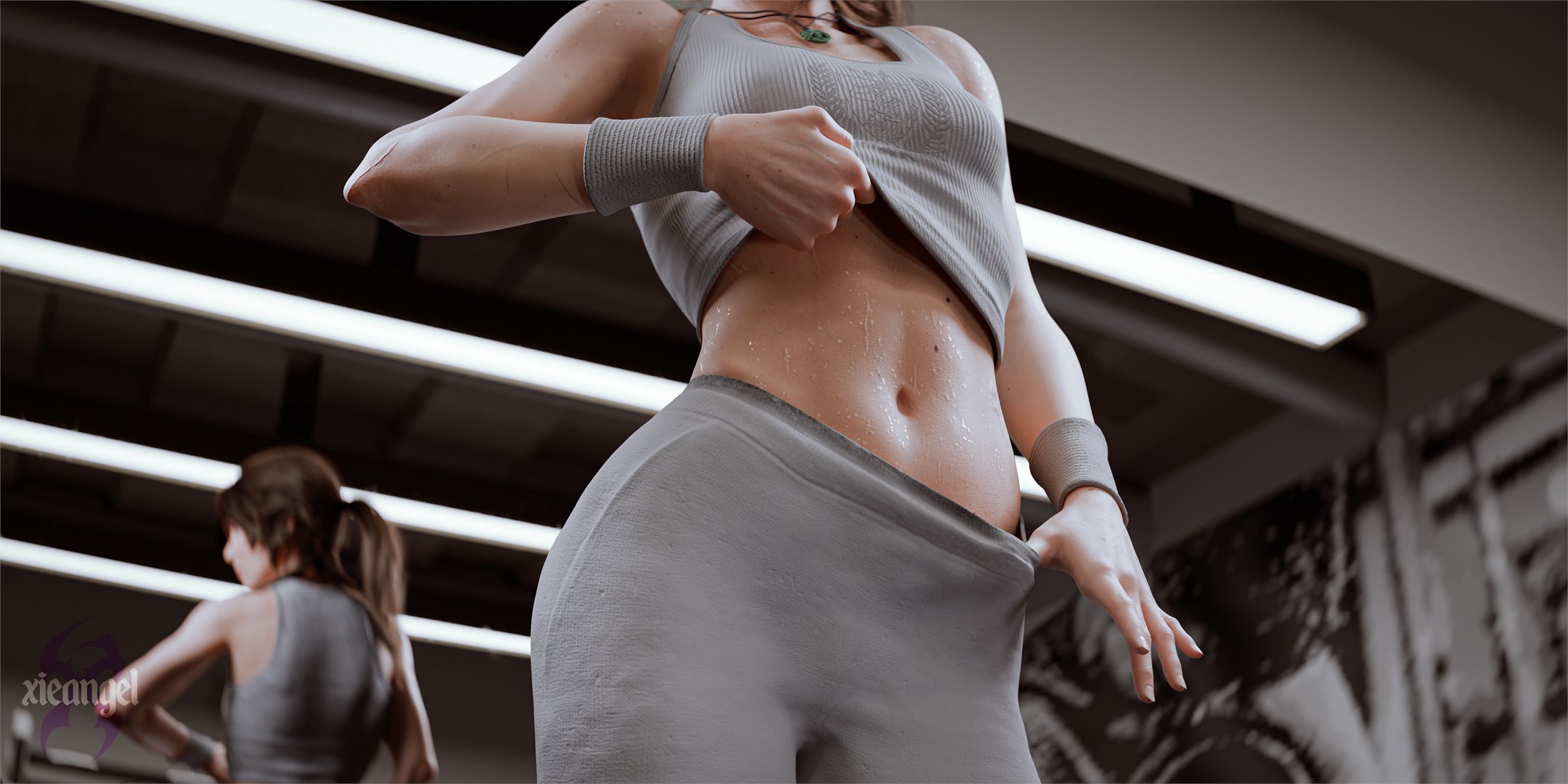 1girls, 2025, 3d, alternate version available, beauty mark, beauty marks, breasts, brown hair, cropped head, female, female only, fit, fit female, gym, gym clothes, lara croft, lara croft (survivor), legs together, long hair, medium breasts, navel, necklace, no nude, no nudity, non nude, non-nude, ponytail, scar, scar on arm, scars, signature, solo, sports pants, standing, sweat, sweatband, sweaty body, text, tied hair, tomb raider, tomb raider (survivor), undressing, xieangel