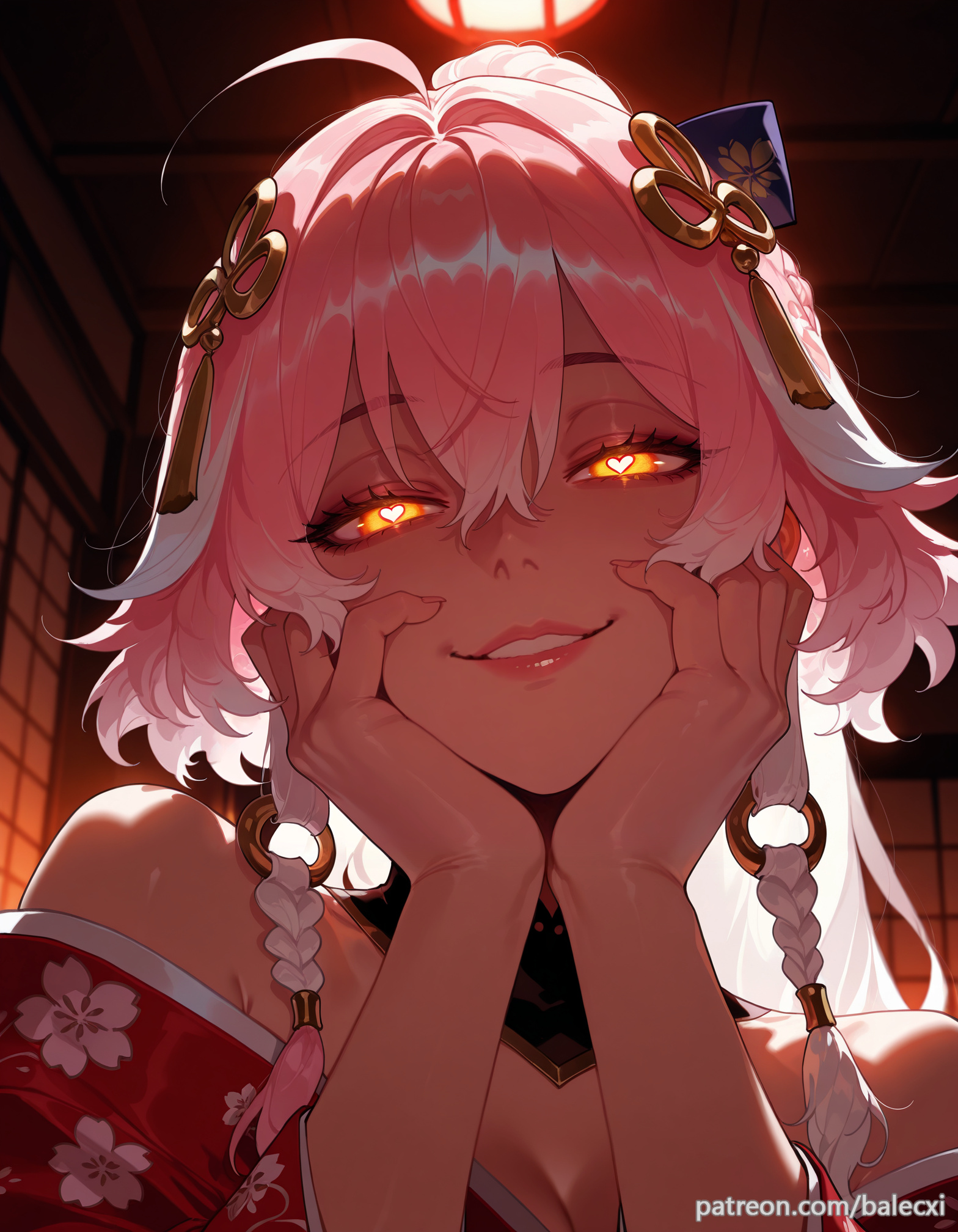 2d, ahoge, ai generated, balecxi, bare shoulders, braid, breasts, changli (wuthering waves), dark-skinned female, female, floral print, hair ornament, hands on own cheeks, hands on own face, heart, heart-shaped pupils, japanese clothes, kimono, long hair, looking at viewer, pink hair, smile, solo, symbol-shaped pupils, tagme, wuthering waves